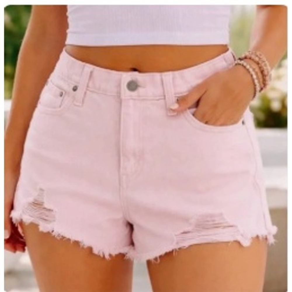 1253 | Aerie Daydream Distressed Frayed Hem Denim Cutoff Shorts Pink Womens XL